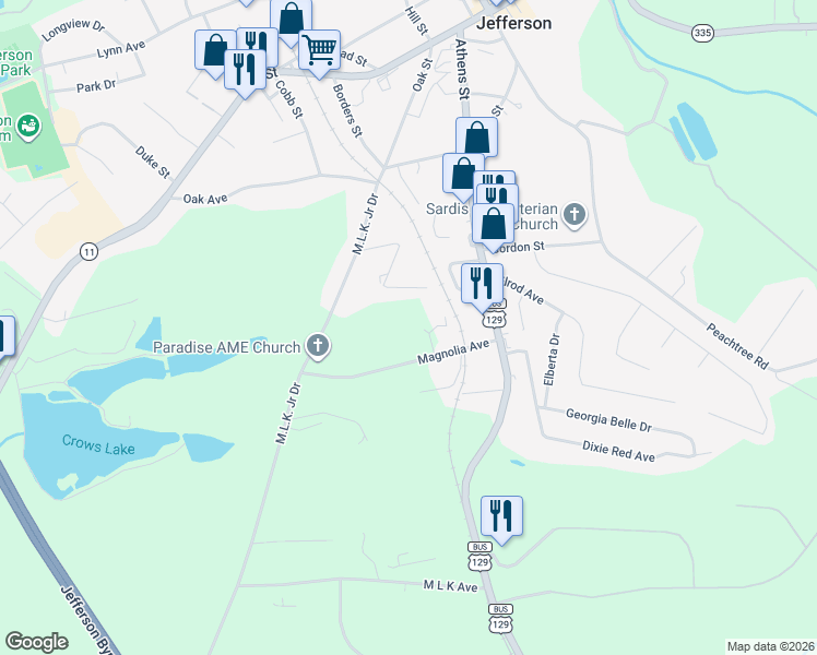 map of restaurants, bars, coffee shops, grocery stores, and more near 250 Magnolia Avenue in Jefferson