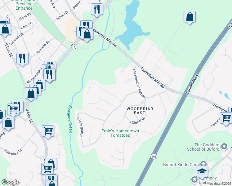 map of restaurants, bars, coffee shops, grocery stores, and more near 4385 Signal Ridge Court in Buford