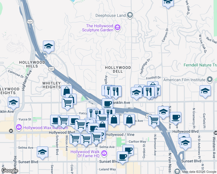 map of restaurants, bars, coffee shops, grocery stores, and more near 1957 Vista Del Mar Avenue in Los Angeles