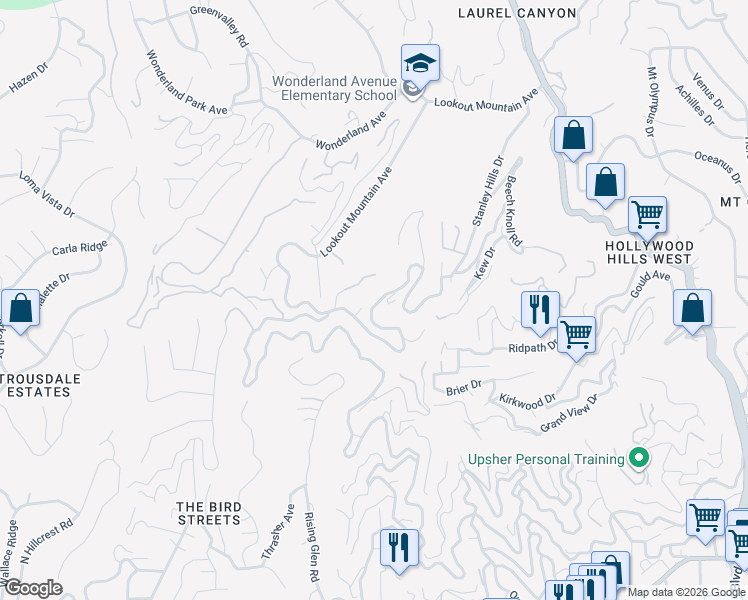 map of restaurants, bars, coffee shops, grocery stores, and more near 8675 Appian Way in Los Angeles