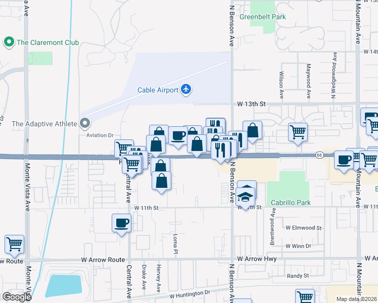 map of restaurants, bars, coffee shops, grocery stores, and more near in Upland