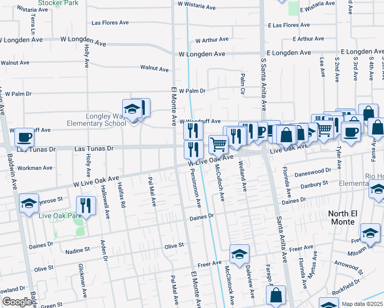 map of restaurants, bars, coffee shops, grocery stores, and more near 150 Las Tunas Drive in Arcadia