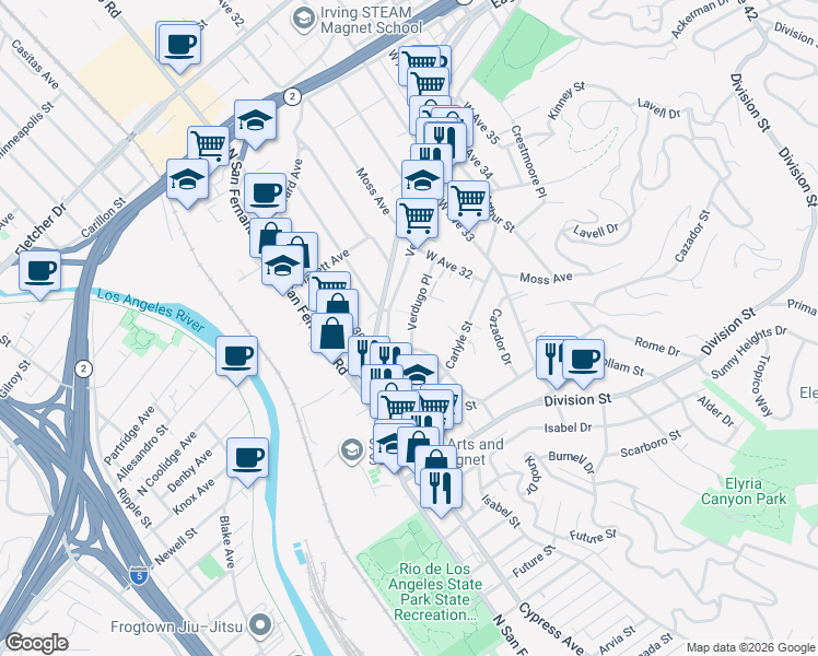 map of restaurants, bars, coffee shops, grocery stores, and more near 3110 Verdugo Road in Los Angeles