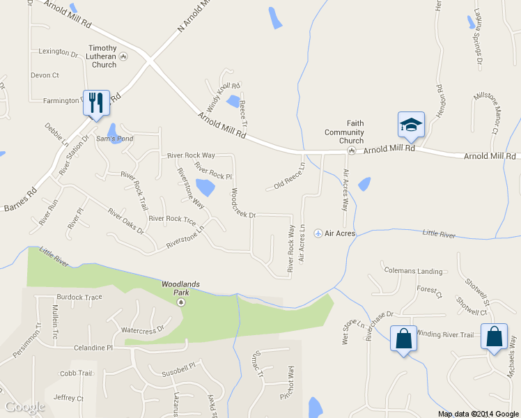 map of restaurants, bars, coffee shops, grocery stores, and more near 5007 River Rock Way in Woodstock