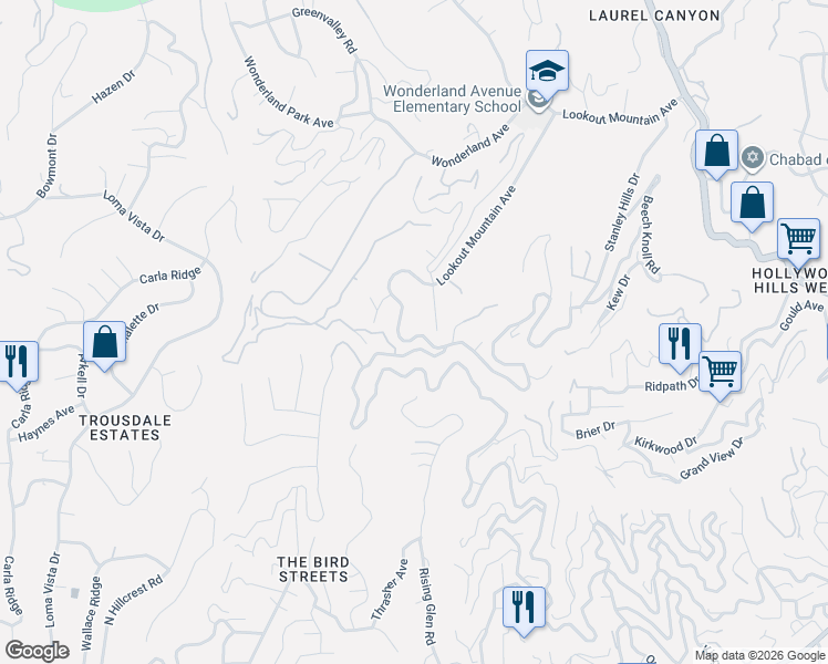map of restaurants, bars, coffee shops, grocery stores, and more near 8876 Lookout Mountain Avenue in Los Angeles