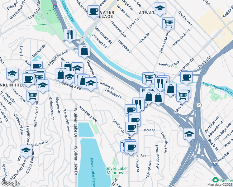 map of restaurants, bars, coffee shops, grocery stores, and more near 2687 Locksley Place in Los Angeles