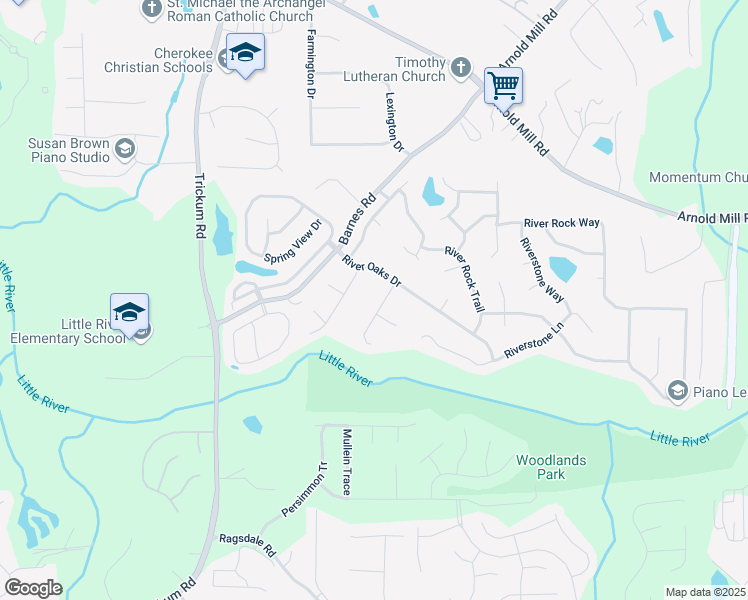 map of restaurants, bars, coffee shops, grocery stores, and more near 506 River Place in Woodstock