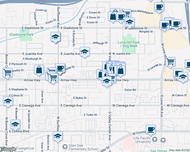 map of restaurants, bars, coffee shops, grocery stores, and more near 1157 East Arrow Highway in Glendora