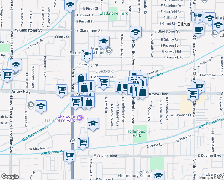 map of restaurants, bars, coffee shops, grocery stores, and more near 493 Marc Place in Azusa