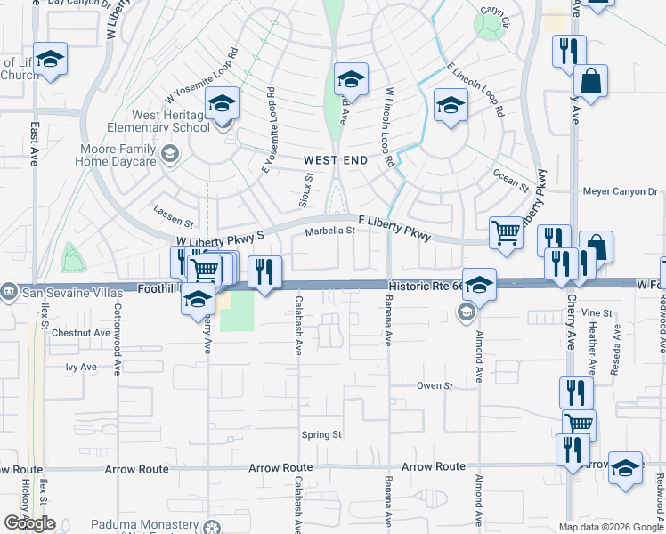 map of restaurants, bars, coffee shops, grocery stores, and more near 8090 Palermo Street in Fontana