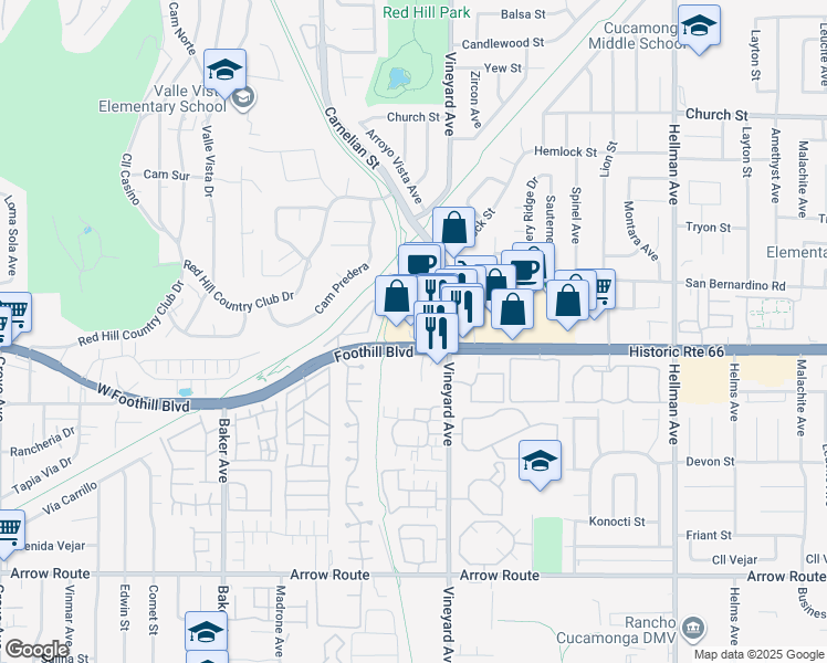 map of restaurants, bars, coffee shops, grocery stores, and more near 8840 Foothill Blvd in Rancho Cucamonga