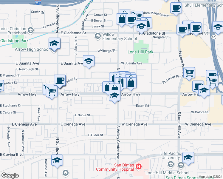 map of restaurants, bars, coffee shops, grocery stores, and more near 1212 Glenview Lane in Glendora
