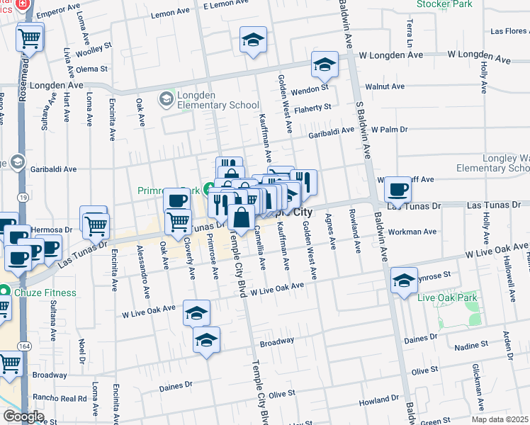 map of restaurants, bars, coffee shops, grocery stores, and more near 9659 East Las Tunas Drive in Temple City