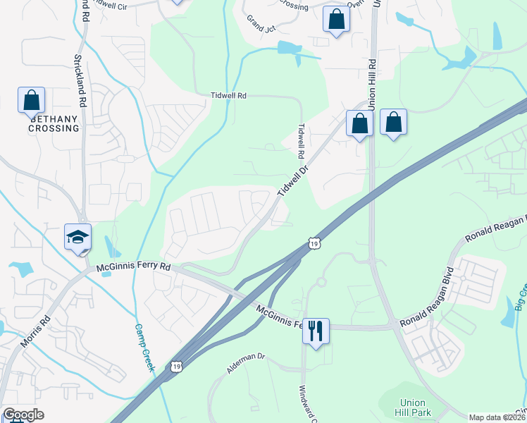 map of restaurants, bars, coffee shops, grocery stores, and more near 595 Wendlebury Court in Alpharetta