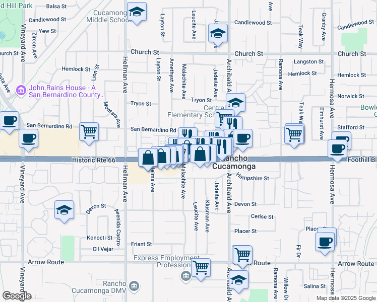 map of restaurants, bars, coffee shops, grocery stores, and more near 9538 Foothill Blvd in Rancho Cucamonga