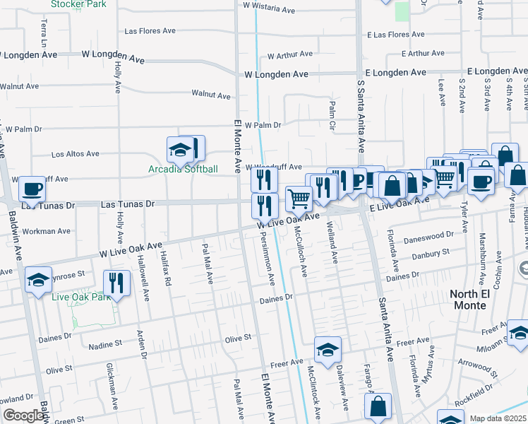 map of restaurants, bars, coffee shops, grocery stores, and more near 150 Las Tunas Drive in Arcadia