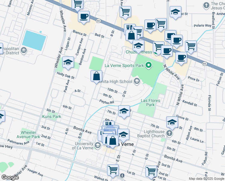 map of restaurants, bars, coffee shops, grocery stores, and more near 1963 10th Street in La Verne