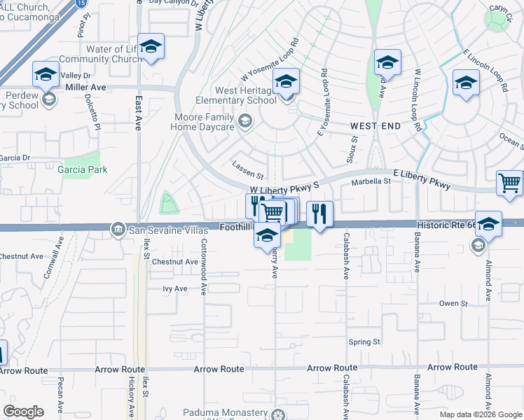 map of restaurants, bars, coffee shops, grocery stores, and more near 13656 Crawford Court in Fontana