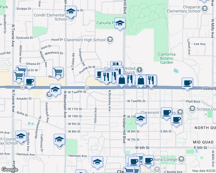 map of restaurants, bars, coffee shops, grocery stores, and more near 507 California 66 in Claremont