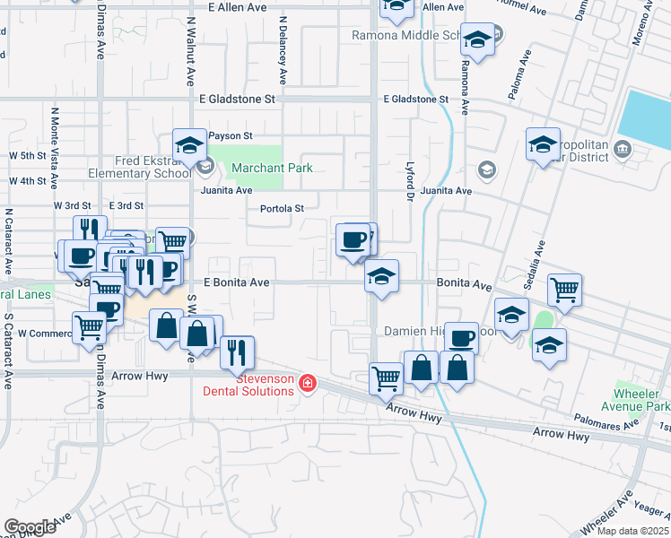 map of restaurants, bars, coffee shops, grocery stores, and more near 555A Damien Avenue in San Dimas