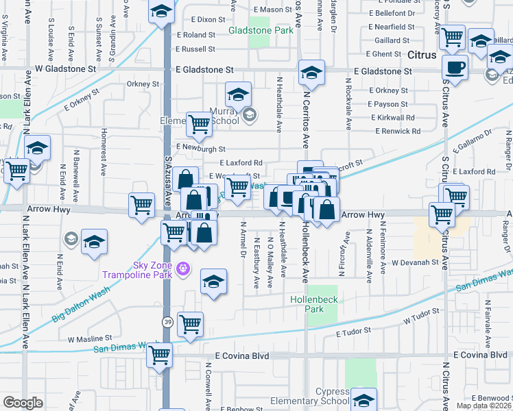 map of restaurants, bars, coffee shops, grocery stores, and more near 543 East Arrow Highway in Azusa