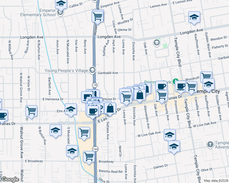 map of restaurants, bars, coffee shops, grocery stores, and more near 5921 Hart Avenue in Temple City