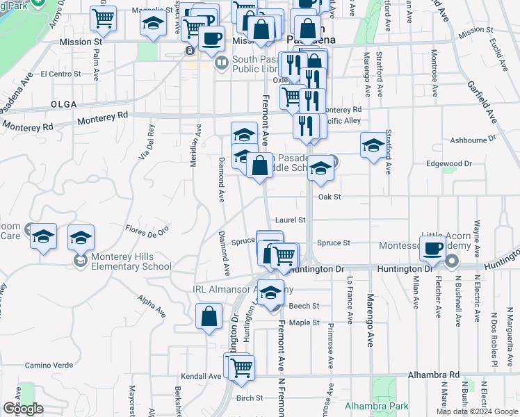 map of restaurants, bars, coffee shops, grocery stores, and more near 1623 Fremont Avenue in South Pasadena