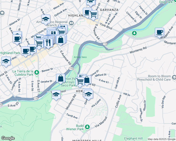 map of restaurants, bars, coffee shops, grocery stores, and more near 6117 Monterey Road in Los Angeles