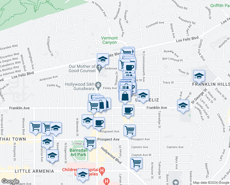 map of restaurants, bars, coffee shops, grocery stores, and more near 1954 Dracena Drive in Los Angeles
