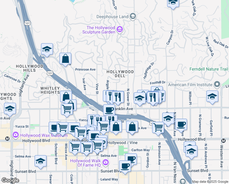 map of restaurants, bars, coffee shops, grocery stores, and more near 1957 Vista Del Mar Avenue in Los Angeles