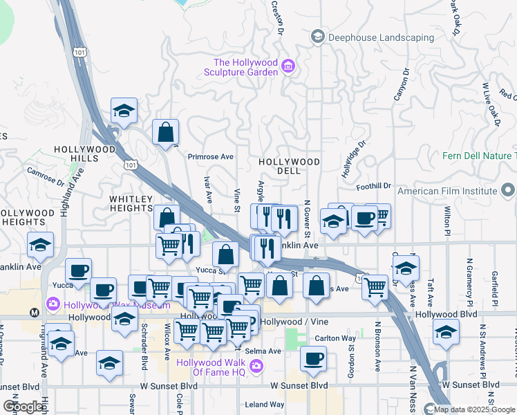 map of restaurants, bars, coffee shops, grocery stores, and more near 1961 Argyle Avenue in Los Angeles