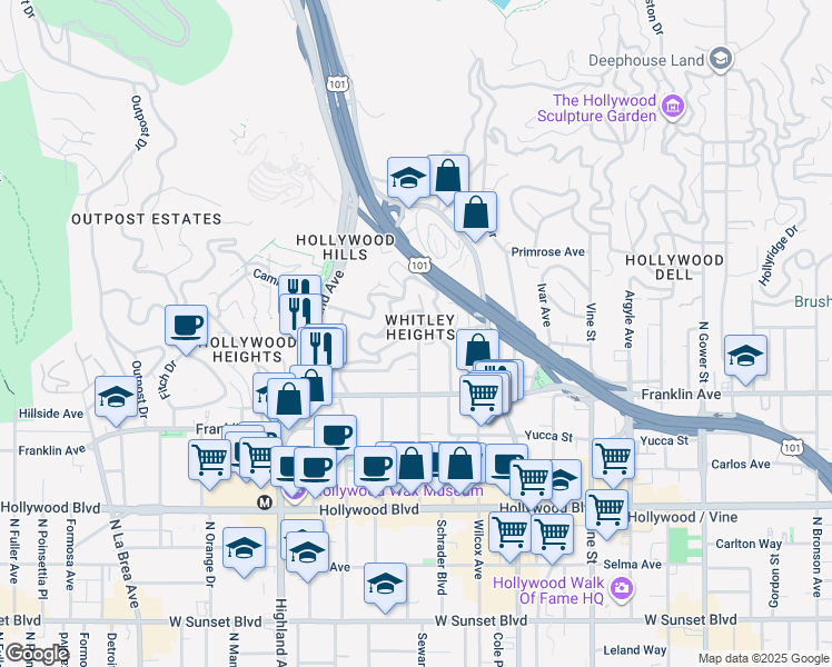 map of restaurants, bars, coffee shops, grocery stores, and more near 1965 Whitley Avenue in Los Angeles