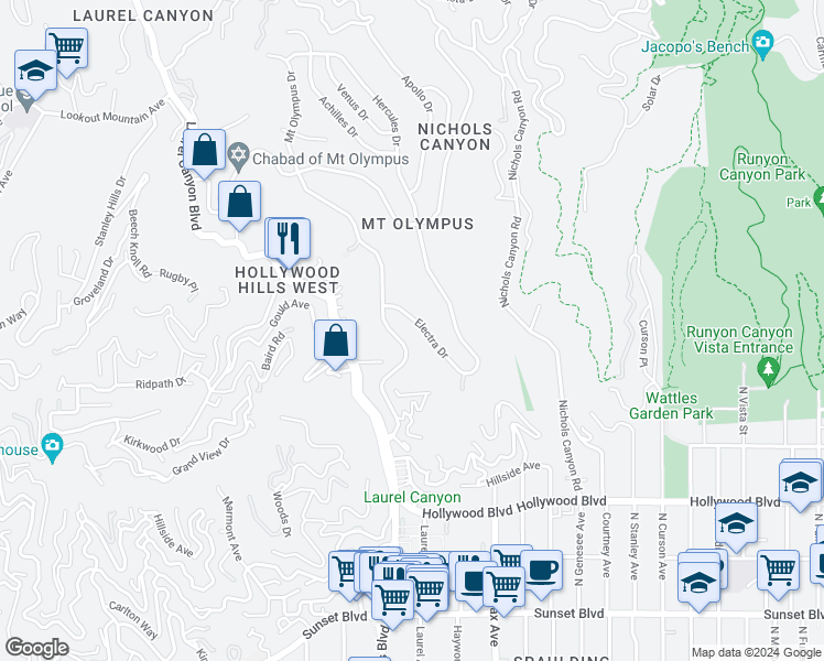 map of restaurants, bars, coffee shops, grocery stores, and more near 1940 Mount Olympus Drive in Los Angeles