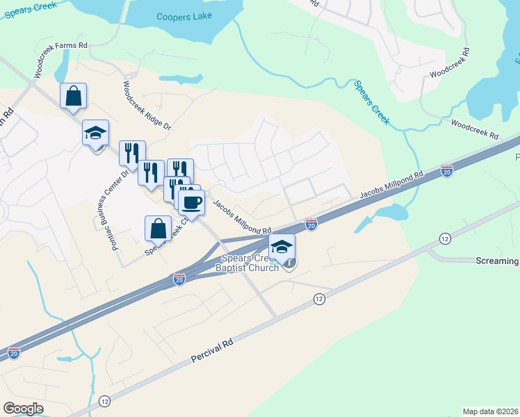 map of restaurants, bars, coffee shops, grocery stores, and more near 769 Jacobs Millpond Road in Columbia
