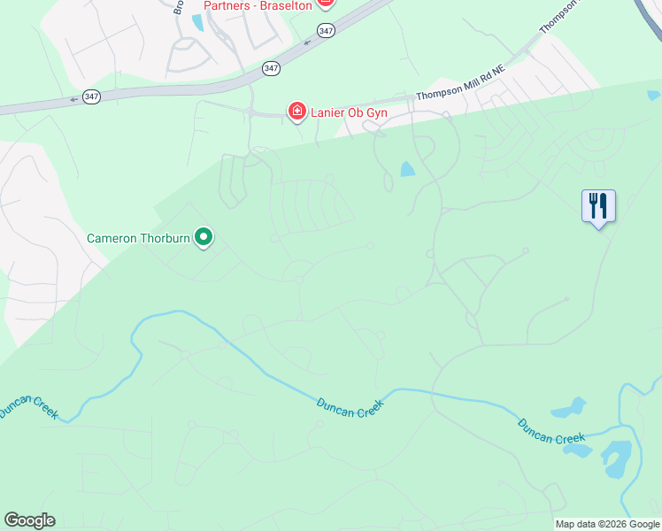 map of restaurants, bars, coffee shops, grocery stores, and more near 2593 Northern Oak Drive in Braselton