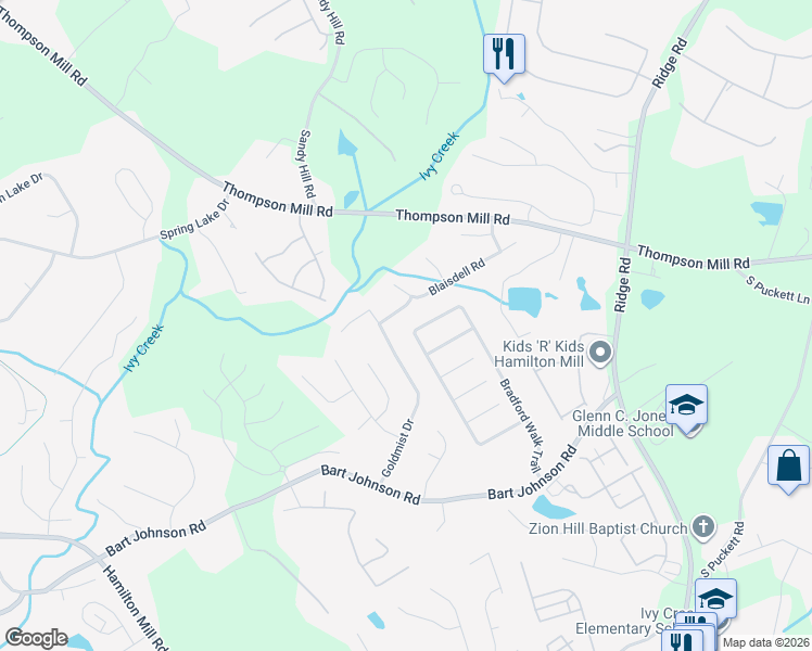 map of restaurants, bars, coffee shops, grocery stores, and more near 3915 Bradford Walk Trail in Buford