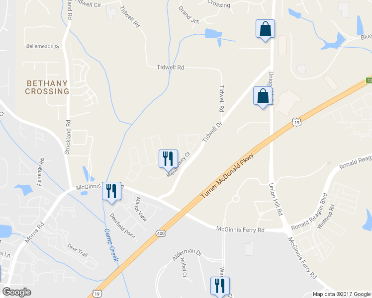 map of restaurants, bars, coffee shops, grocery stores, and more near 735 Wamock Drive in Alpharetta