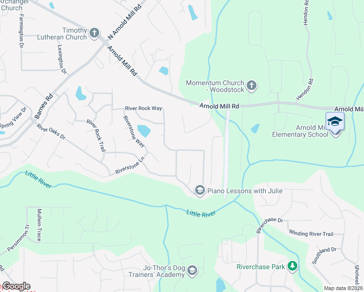 map of restaurants, bars, coffee shops, grocery stores, and more near 5007 River Rock Way in Woodstock