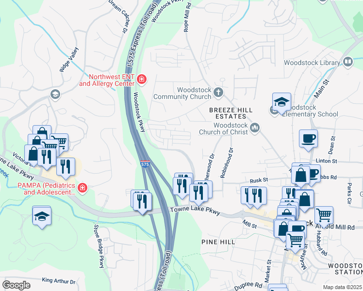 map of restaurants, bars, coffee shops, grocery stores, and more near 416 Montclair Court in Woodstock