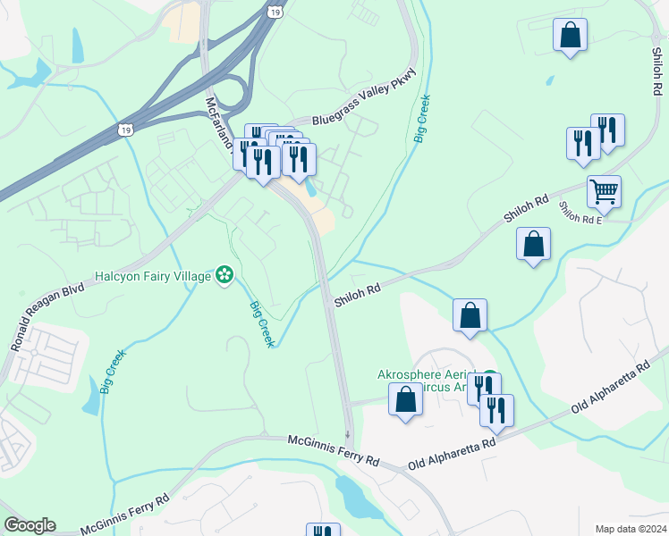 map of restaurants, bars, coffee shops, grocery stores, and more near Big Creek Greenway in Forsyth County