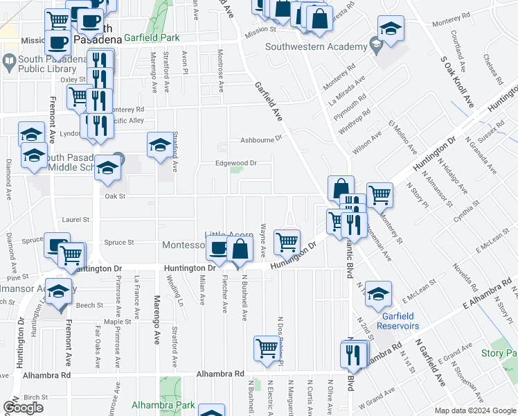 map of restaurants, bars, coffee shops, grocery stores, and more near 1617 Wayne Avenue in South Pasadena
