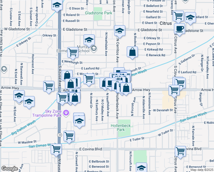 map of restaurants, bars, coffee shops, grocery stores, and more near 563 East Arrow Highway in Azusa