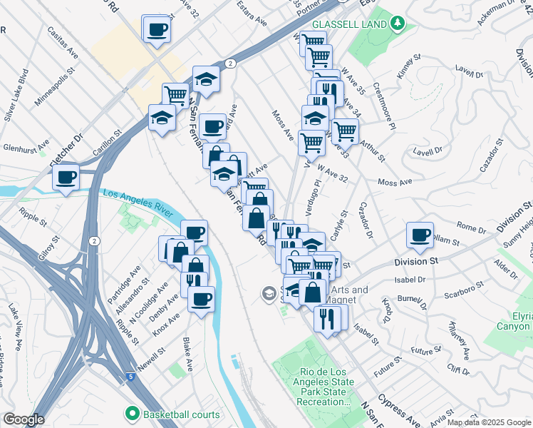 map of restaurants, bars, coffee shops, grocery stores, and more near 2438 West Avenue 30 in Los Angeles