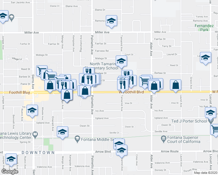 map of restaurants, bars, coffee shops, grocery stores, and more near 17410 Foothill Blvd in Fontana