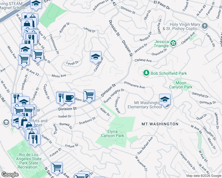 map of restaurants, bars, coffee shops, grocery stores, and more near 3558 Division Street in Los Angeles