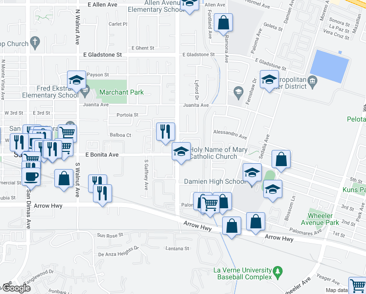 map of restaurants, bars, coffee shops, grocery stores, and more near 2400 North San Dimas Canyon Road in San Dimas