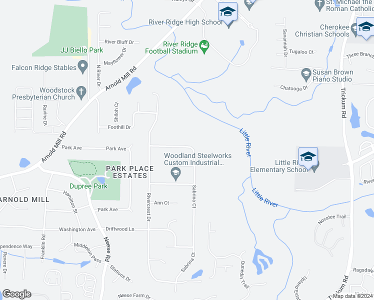 map of restaurants, bars, coffee shops, grocery stores, and more near 218 Sabrina Court in Woodstock