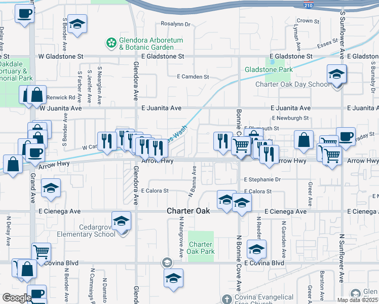 map of restaurants, bars, coffee shops, grocery stores, and more near 293 East Arrow Highway in Glendora