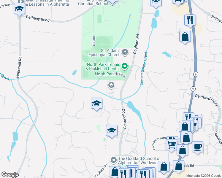 map of restaurants, bars, coffee shops, grocery stores, and more near 13365 Cogburn Road in Alpharetta
