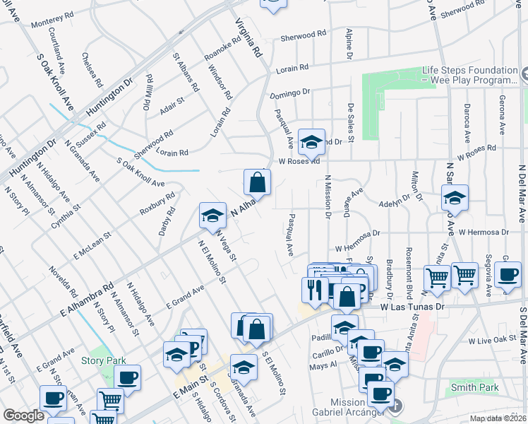 map of restaurants, bars, coffee shops, grocery stores, and more near 390 East Alhambra Road in San Gabriel